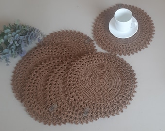 Crochet table mats, Set of 6, Handmade placemats, Brown color