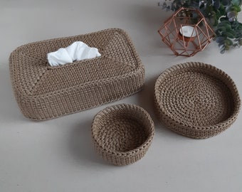 Set of 3 crochet items, Tissue box cover and baskets set, Napkins holder, Decorative tray