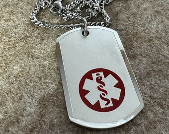 Medical Alert Necklace, Dog Tag, Stainless Steel