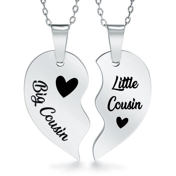 Big Cousin, Little Cousin Sharing Necklace Personalised/Engraved, Split Heart Necklace