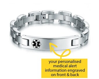 Personalised Medical Alert Bracelet, Unisex Mens or Womens, Stainless Steel, Engraved, Medical ID Bracelet