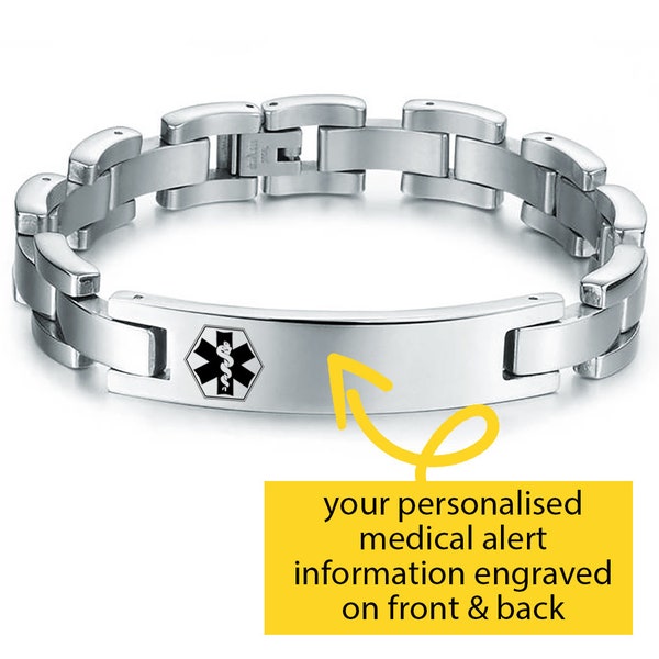 Personalised Medical Alert Bracelet, Unisex Mens or Womens, Stainless Steel, Engraved, Medical ID Bracelet