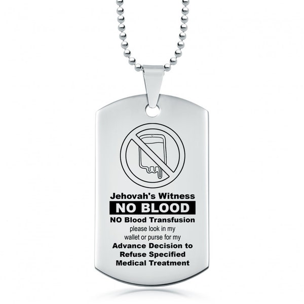 Personalised Jehovah's Witness Medical Alert NO BLOOD Necklace