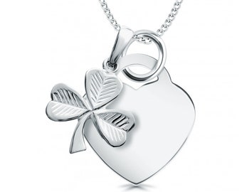 Personalised Shamrock & Heart Necklace, Sterling Silver Lucky Irish Themed Necklace for Women