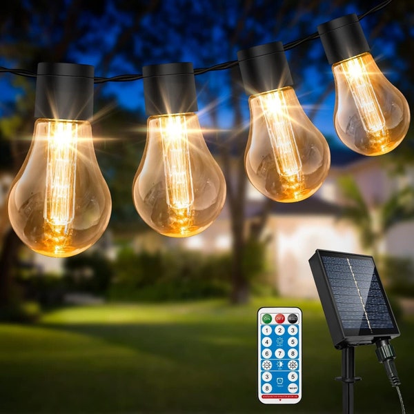 Solar Festoon Lights Outdoor, 9m/29.5Ft Remote Control Waterproof with 8 Modes 20 LED Bulbs for Garden, Gazebo, Patio, Party, Festival