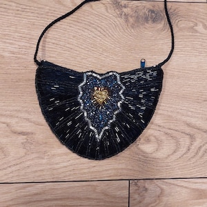 Black beaded evening bag,Vintage 1920s style Bag, Art Deco Gatsby style embroidered purse, Retro Downton abbey inspiration party bag, heart