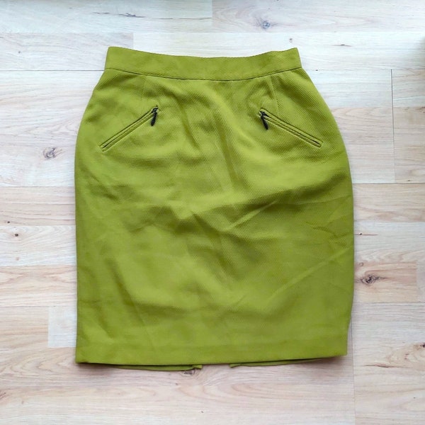 mini jupe vert moutarde vintage des années 90 avec fente, jupe droite taille haute rétro pour femmes, jupe élégante d’été de bureau avec fermeture éclair, taille S