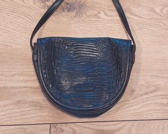 Vintage dark black blue oval bag, Retro Crossbody Shoulder bag,Vintage Minimalist bag,Small boho purse women, Flat Handbag,Long strap 90s