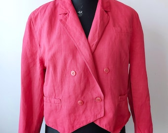 Vintage Red Linen Blazer: 90s Cropped Viscose Jacket (M/L)