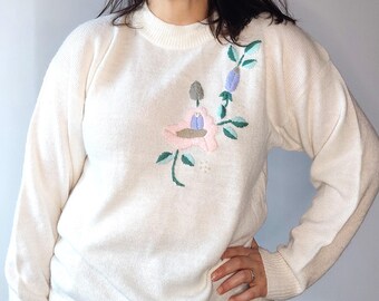 Vintage 90&#39;s white floral embroidered sweater,Retro knitted pullover,festive summer spring fall romantic winter Long sleeve cozy blouse top