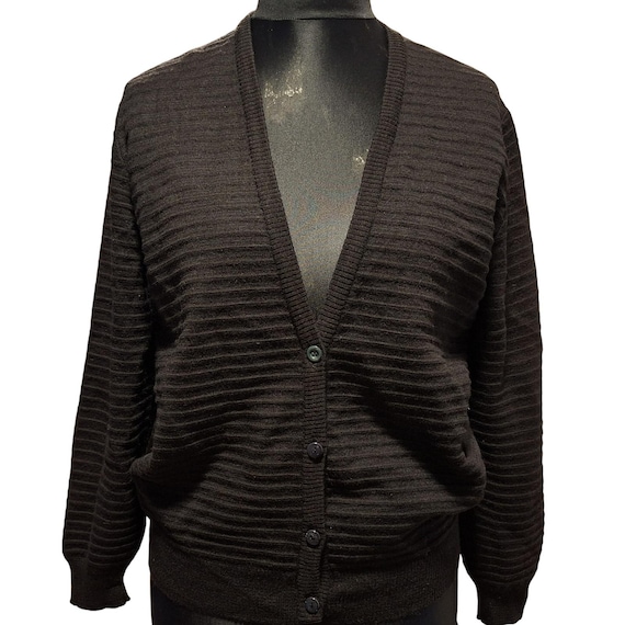 Vintage wool Black Ribbed Knit V Neck Button Up Cardigan Sweater pullover