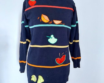 Vintage colorful 90's fruits sweater,Retro Color Blocking pullover,fruit aplication blue knitted jumper,cardigan,Cozy top Size Medium/Large