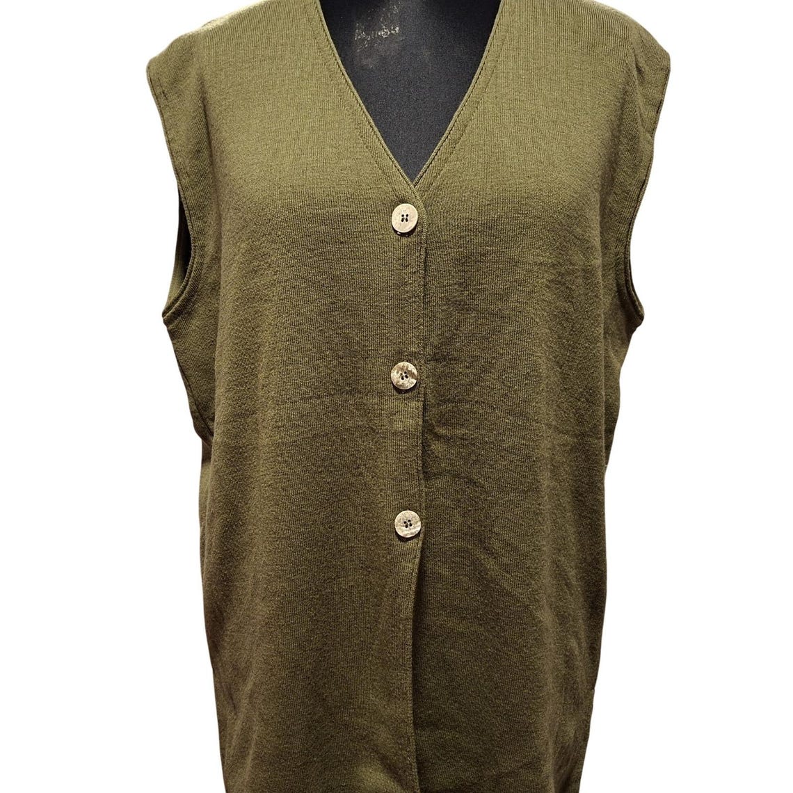 Vintage Olive Green Merino Wool Blend Button Front Sleeveless Vest Sweater, foto 1 di 5