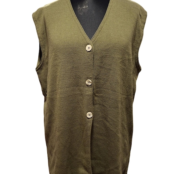 Vintage Olive Green Merino Wool Blend Button Front Sleeveless Vest Sweater