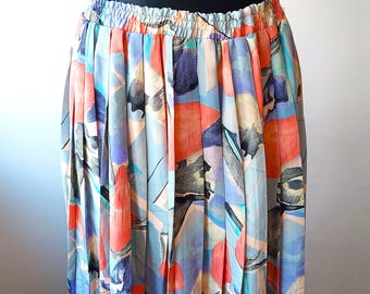 Vintage 90s Viscose Midi Skirt: Colorful Abstract Print, Elastic Waist (Fits S-M-L)