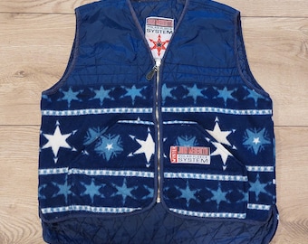 Vintage 90s cozy blue fleece vest top, Retro V-neck zipper star print,polar fleece vest,Sleeveless top,holiday skiing outfit, fall, autumn