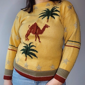 Size S Vintage yellow Handknitted wool sweater,Retro Colorful Egypt inspiration pullover top,Stars print Casual Jumper,Sweater knit