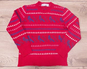 Vintage red colorful mohair sweater,Retro birds print pullover,Sustainable festiv knit jumper,abstract print Cozy Warm top,fluffy,Size S