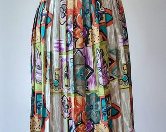 Vintage 90's blend floral pleated midi Summer Skirt,green colorful,leaf abstract Print ,Retro rayon skirt,Boho romantic skirt,Fits S-M-L