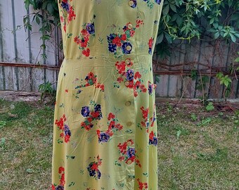Vintage Floral Long summer dress,Retro sleeveless greenery dress with slots and buttons,Viscose colorful Romantic robe,Boho style,Size large