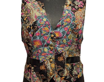 Vintage Floral Patchwork Vest Women's V Neck Button Front Sleeveless