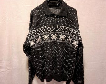 vintage wool 90s Mens Nordic Fair Isle Snowflake Sweater Pullover Dark Gray