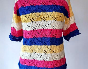 Vintage handmade colorful striped sweater top,Retro white pink blue pullover,Short sleeve blouse,Bohemian romantic knit sweater,Fits S-M-L