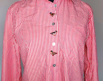 Vintage 90's cotton collared embroidered shirt,button up, long sleeve striped blouse, ducks embroidery, casual,Retro top with applications