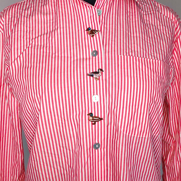 Vintage jaren 90 katoenen geborduurd overhemd met kraag, knoopsluiting, gestreepte blouse met lange mouwen, eendenborduurwerk, casual, retro top met applicaties