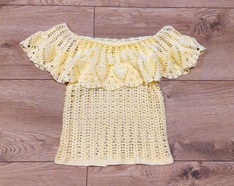 Crochet handmade vintage boho butter yellow naked shoulders blouse.Retro Knitted  lace top Knit Blouse.Womens tunic,bohemian hippie fashion