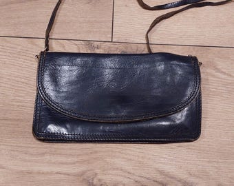 Vintage leather dark blue bag, Retro Crossbody Shoulder bag,Vintage Minimalist bag,Small leather purse women, Flat Handbag, Vintage 70s 80s