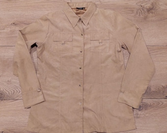 Vintage Beige Western Shirt: Retro Boho Long Sleeve Top