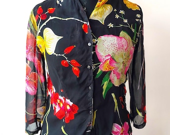 Vintage 90's black floral Blouse,Retro 3/4 Sleeve Shirt,Button Up Collared Top,80s 90s Clothing,Elegant rayon viscose Romantic Blouse, M