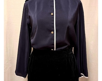 Vintage 90s Navy Blue Button Up Blouse,Dark academia  With Gold Buttons And Cream Piping