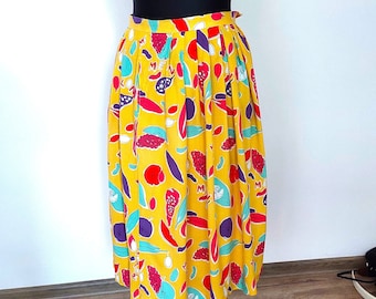 vintage Fun Fruit Vegetable Print Midi Skirt Yellow Pleated Summer Casual Boho