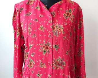 Retro 90's Red Floral Blouse, Vintage Long Sleeve viscose top shirt,Floral rayon Colorful Button Up Top,80s 90s Shirt,Romantic Blouse,Size L