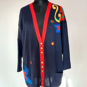 Wool Vintage blue long sweater with colorful application, Size M/L,Retro 90s pullover,Blue knitted jumper with buttons,Long cardigan