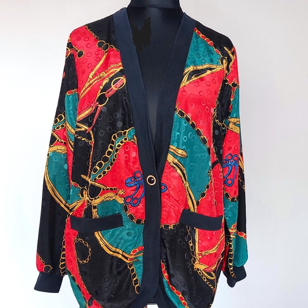 90's disco colorful print vintage retro blouse,Long Sleeve red green cardigan jacket top with buttons,pockets,Printed pattern,80s,Size M, L