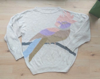 Suéter vintage de los años 90 con pájaro grande, jersey retro pastel, jersey de punto crema colorido, cárdigan de algodón Parrot Bird, tamaño grueso superior pequeño