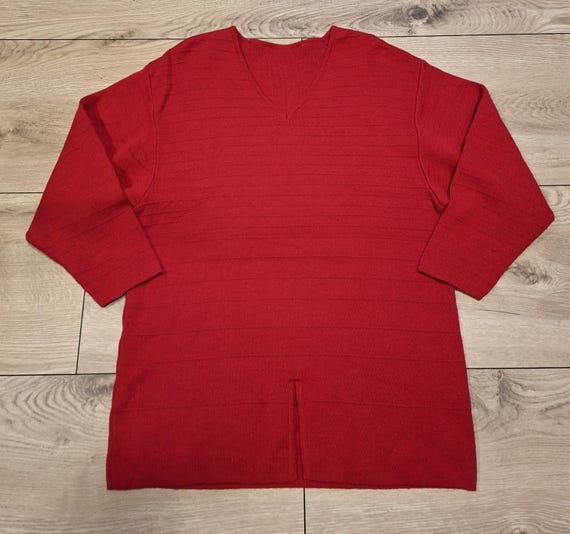 Vintage 90's red wool long sweater,Retro wool pullover,jumper, christmas, holiday,Long length cardigan,Soft cozy top Size L