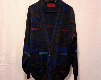 Vintage Mens 90s wool Geometric Pattern Cardigan Sweater Blue Burgundy pullover