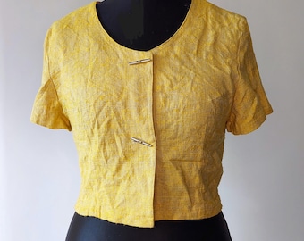 Retro 90's yellow short Blouse top,Vintage short Sleeve viscose linen blazer jacket, exceptional buttons boxy, summer 90s Romantic Blouse