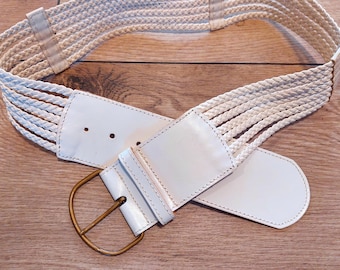 Vintage Boho Braided White Waist Belt with Golden Buckle