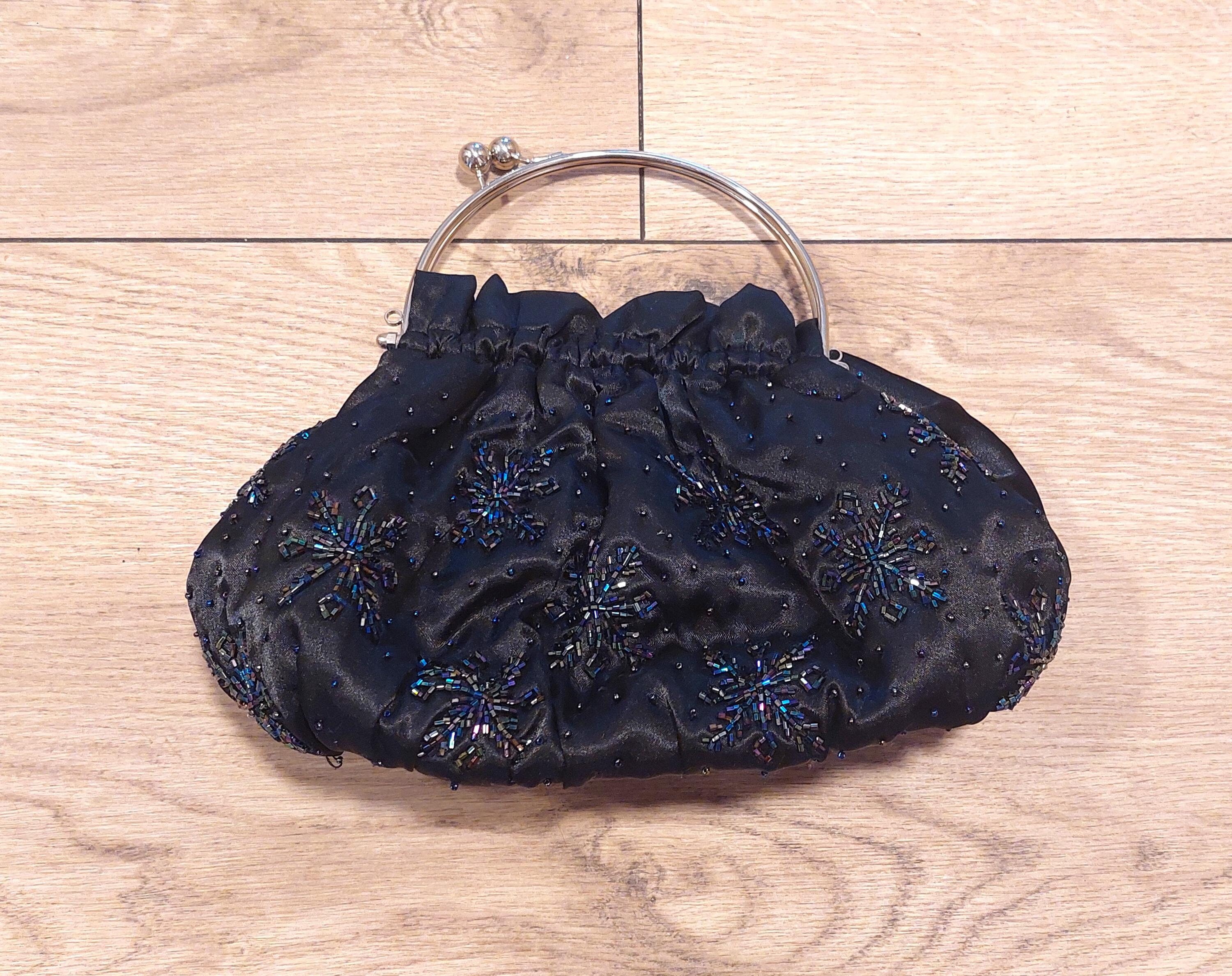 Vintage Embroidered black Evening Bag,clutch Party wedding Prom Ball purse,beaded flowers two metal handle,Retro cocktail party mini bag