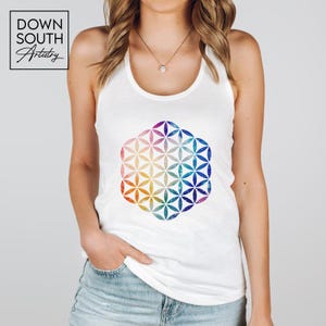 Flower of Life Tank Top - Perfect for Summer or Workout, Women&#39;s Sacred Geometry Galaxy Top, Flower of Life Mandala Yoga Racerback Tank