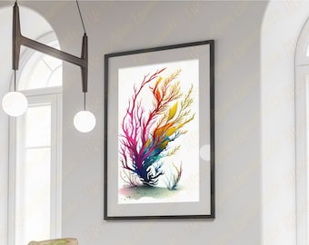 Colourful Seaweed Print Digital Download. Modern printable wall art. Watercolour ocean life. Coastal Decor. Minimalist.