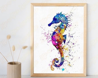 Colourful Seahorse Print Digital Download. Modern printable wall art. Watercolour ocean life. Coastal Decor.