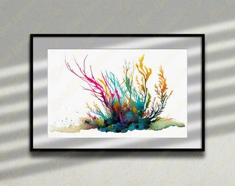 Colourful Seaweed Print Digital Download. Modern printable wall art. Watercolour ocean life. Coastal decor, beach house, minimalist