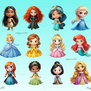 May include: A collection of twelve cartoon illustrations of Disney princesses. Each princess is depicted with large eyes and distinctive outfits, including Jasmine in teal, Elsa in blue, and Ariel as a mermaid.