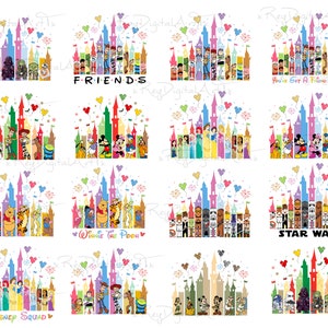 Princess Castle png-bundel, kleurrijk kasteel, familie-uitje png, digitaal bestand, bundel gezinsvakantie png, aquarel prinses kasteel, clipart
